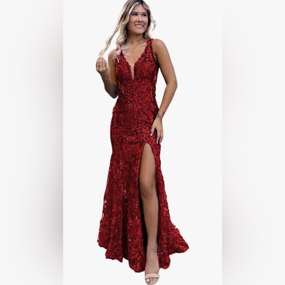 Alikey Mermaid red prom dress with slit - Picture 1 of 3